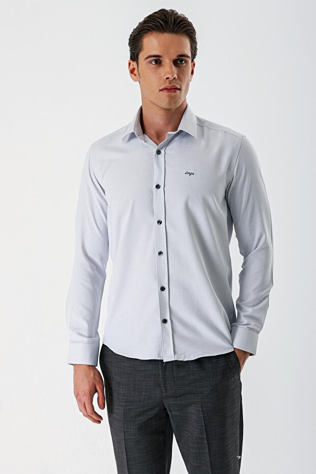 Men's Gray Long Sleeve Patterned Hard Collar Cotton Slim Fit Slim Fit Shirt 1004235171