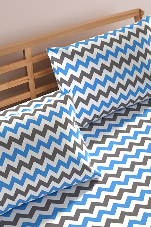 Ranforce Fabric Blue Zigzag Pattern - Elastic Sheet Set, Single/Double/Large Size - 3
