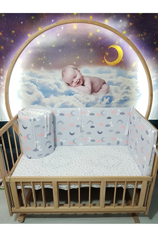 60X120 Crib Side Protection 4 Pieces - Gray Floor Moon and Star Pattern (Excluding Beafs)