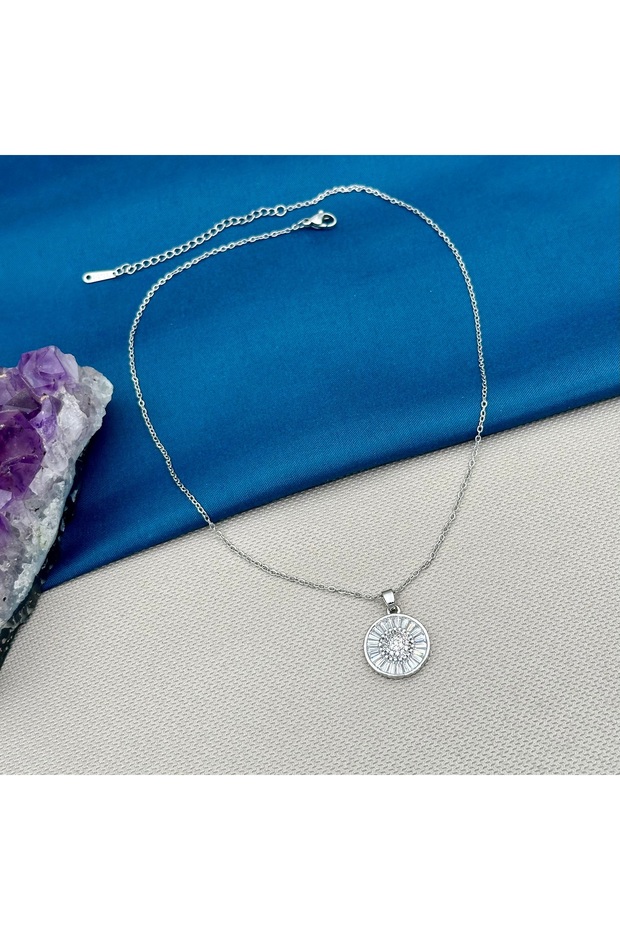 Steel Zircon Stone Daisy Pendant Chain Necklace