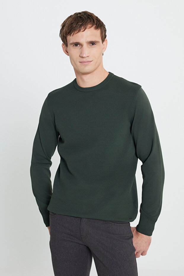 Men's Khaki Standard Fit Regular Cut Crew Neck Jacquard Knitwear Sweater