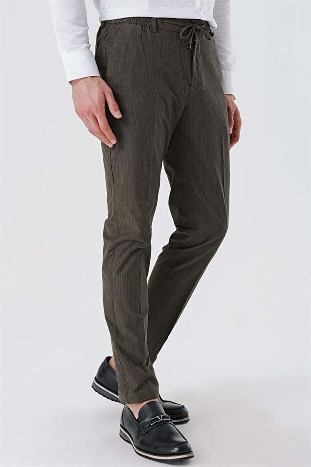 Men's Dark Mink Striped 100% Cotton Side Pocket Slim Fit Trousers 1003230159