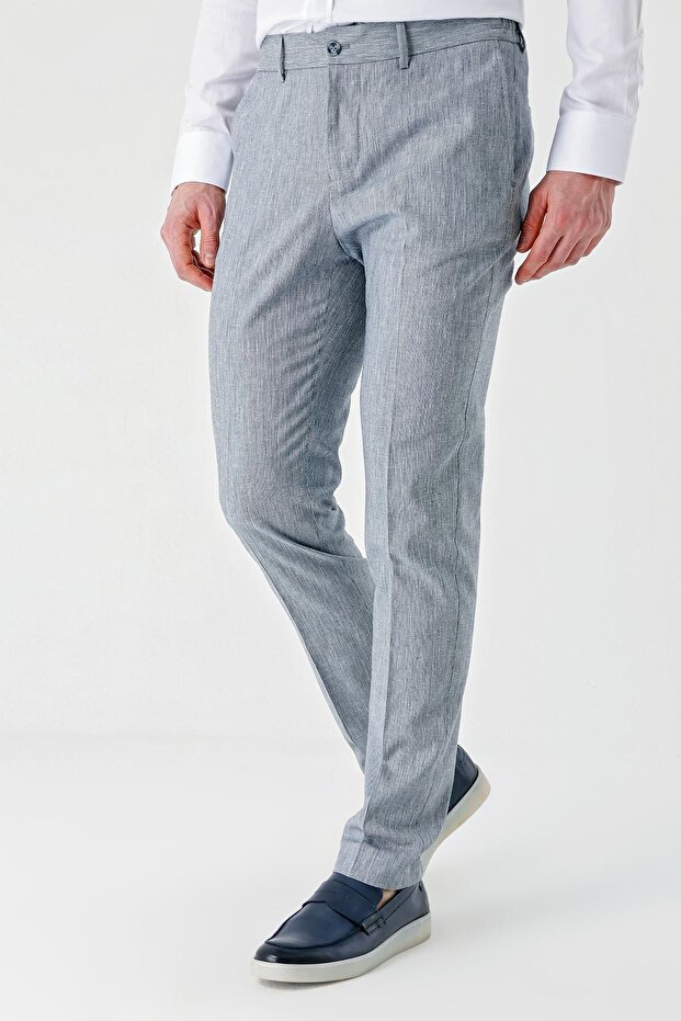 Men's Dark Blue Linen Slim Fit Jogger Trousers with Elastic Waist and Side Pockets 1003240103