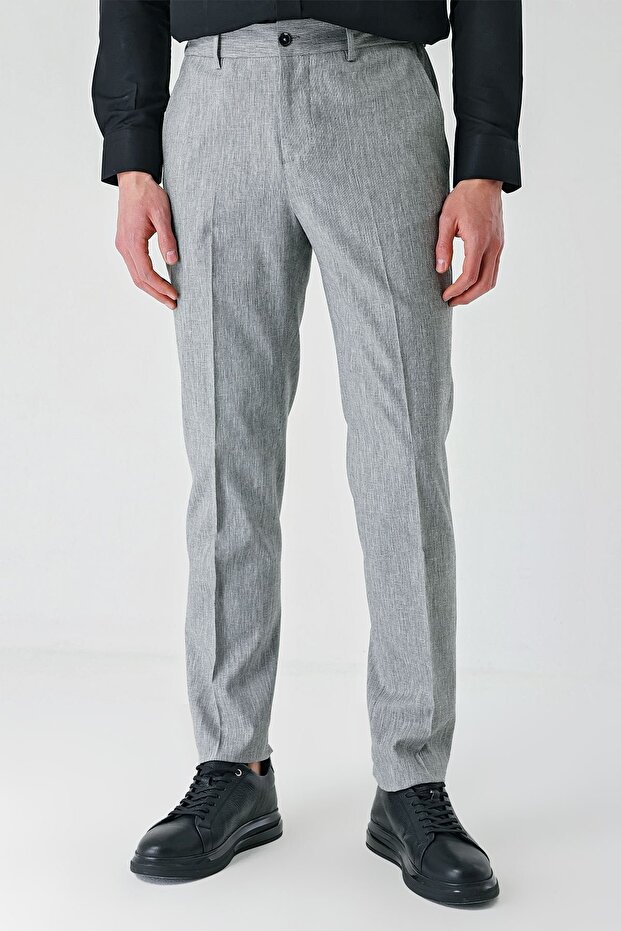 Men's Gray Linen Slim Fit Jogger Trousers with Elastic Waist and Side Pockets 1003240103