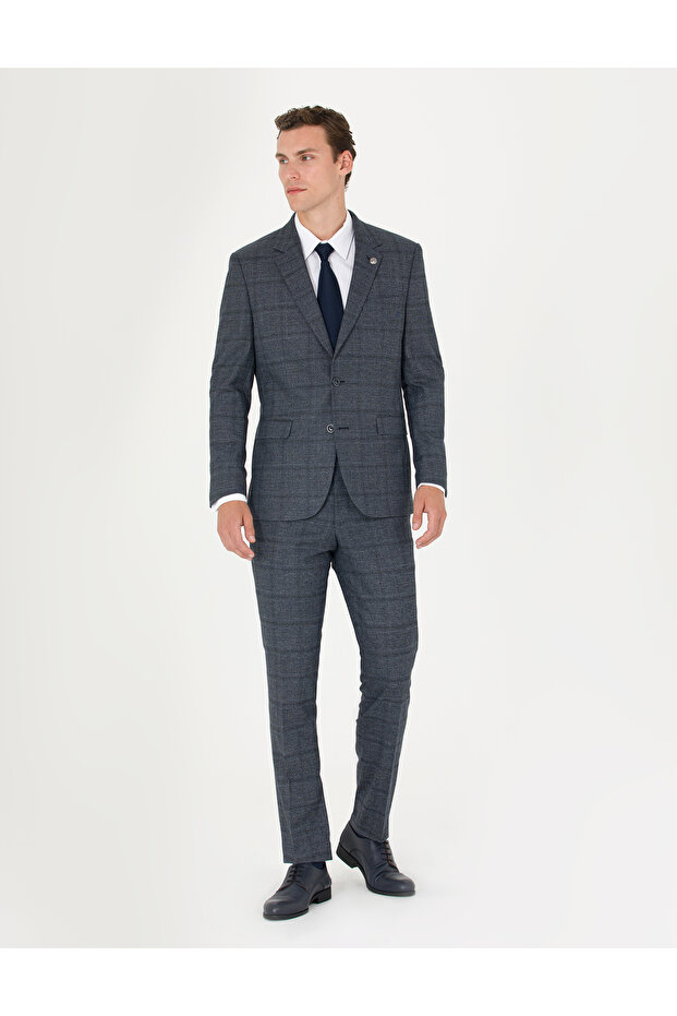 Navy Blue Slim Fit Plaid Suit 50279140-Vr033