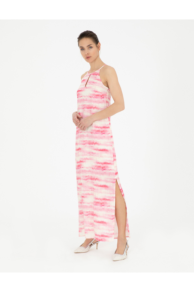 Pink Patterned Linen Slit Dress 50283657-Vr041
