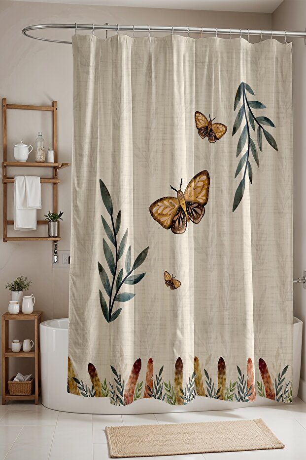 Bathroom Curtain, Bohemian Feathers and Flying Butterflies Patterned Shower Curtain, Bathtub Curtain 175X200Cm