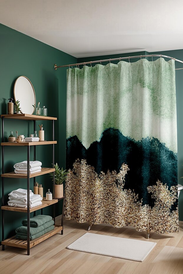 Bathroom Curtain, Green Gold Coated Dreams Pattern Shower Curtain, Bathtub Curtain 175X200Cm