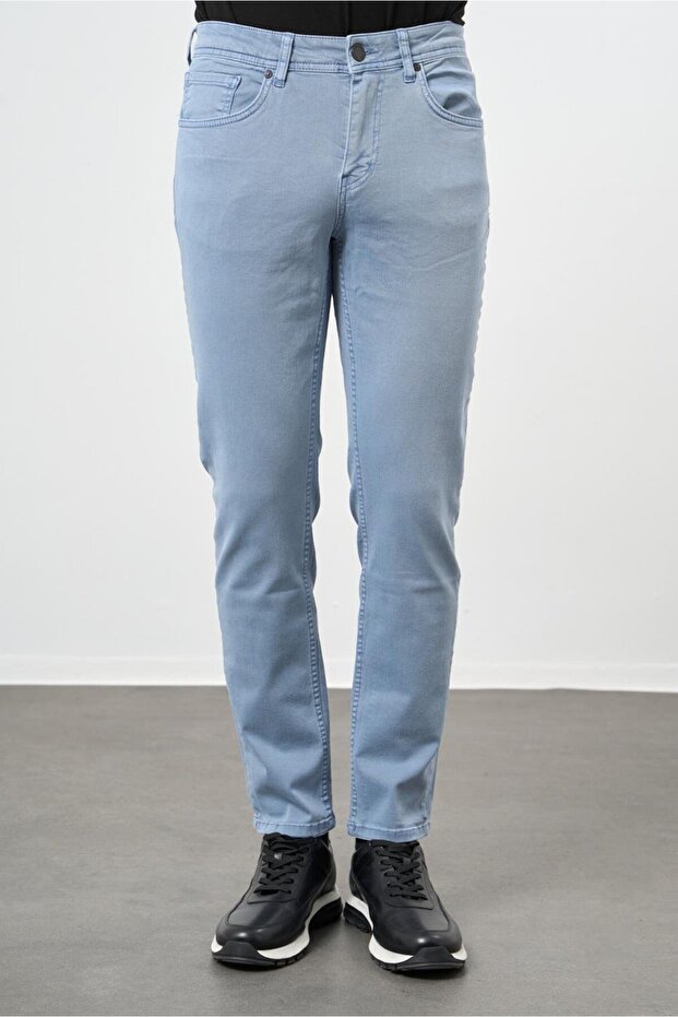 Men's Dark Turquoise Cotton 5-Pocket Slim Fit 5-Pocket Trousers 1003245318