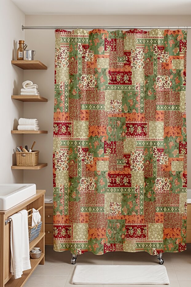 Bathroom Curtain, Tumbled Piece Motif Patterned Shower Curtain, Bathtub Curtain 175X200Cm