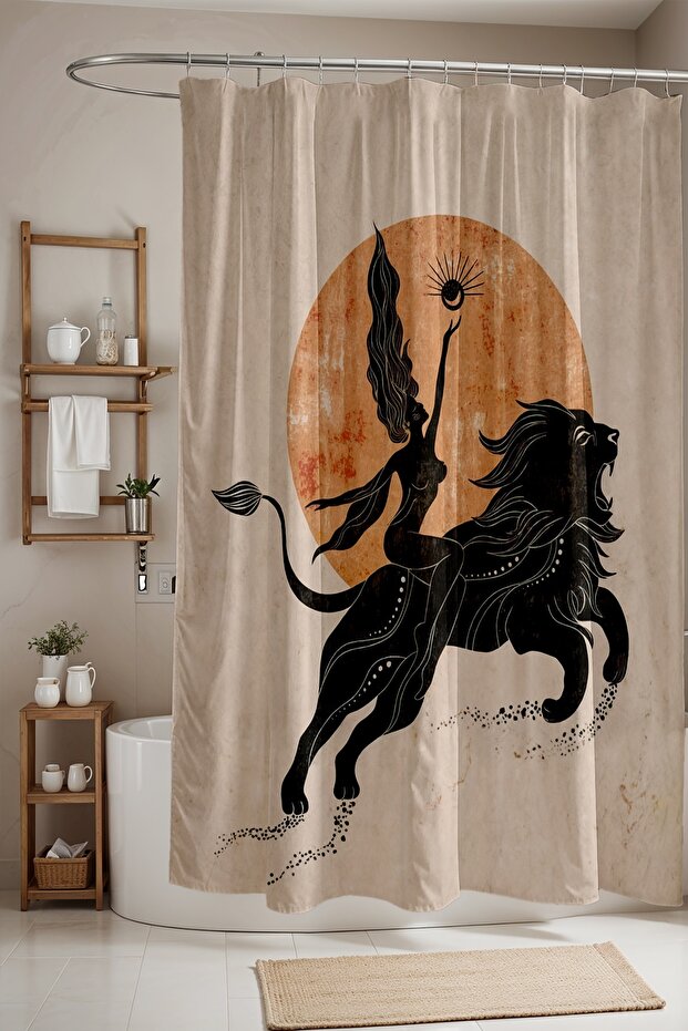 Bathroom Curtain, Woman on Boho Lion Pattern Shower Curtain, Bathtub Curtain 175X200Cm