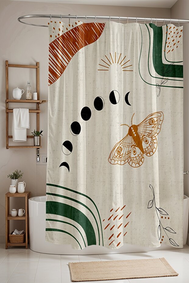 175X200Cm Boho Butterfly and Moon Loop Patterned Bathroom Curtain