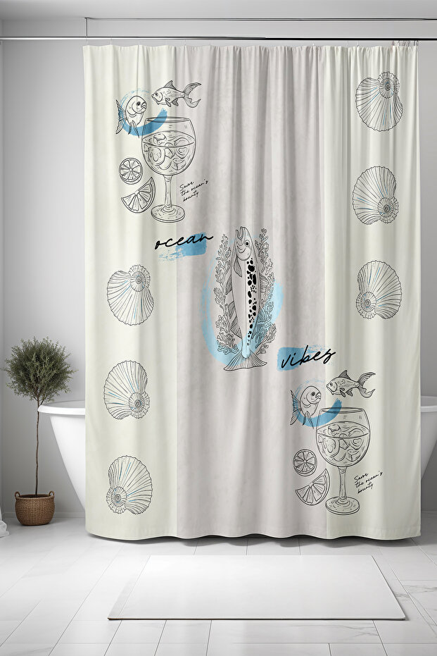 Bathroom Curtain, Fish and Goblets in the Ocean Patterned Shower Curtain, Bathtub Curtain 175X200Cm