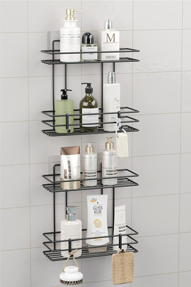 zabata Ömür Boyu Paslanmaz Yapışkanlı 4 Katlı Banyo Rafı Duş Şampuanlık Duvar Düzenleyici Organizer Siyah