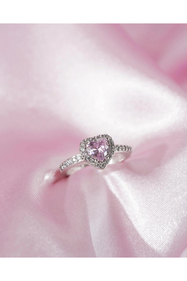 خاتم قابل للتعديل على شكل قلب وردي مرصع بحجر الزركون - 1