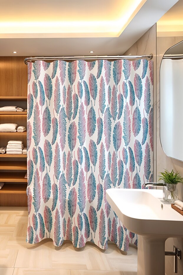 175X200Cm Patterned Bathroom Curtain - Pink Blue, Feather Transition, Bathtub Curtain