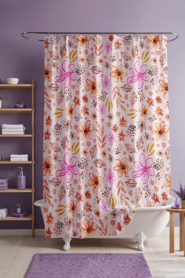 Bathroom Curtain, Orange Pink Flowers Pattern Shower Curtain, Bathtub Curtain 175X200Cm