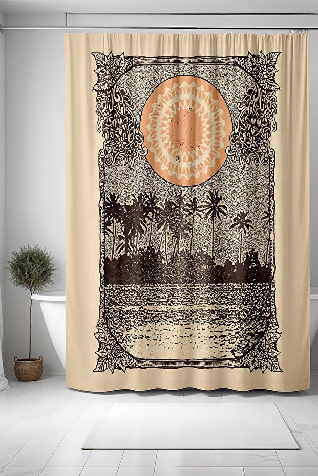 175X200Cm Bathtub Curtain - Tumbled Palm and Moon Patterned Bathroom Curtain