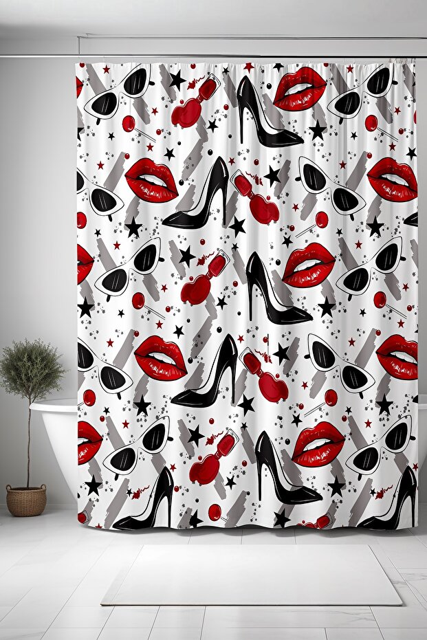 Bathroom Curtain, Red Lipstick High Heels Shoes Nail Polish Patterned Shower Curtain, Bathtub Curtain 175X200Cm