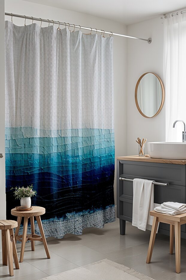 Bathroom Curtain, Blue Oil Paint Transitional Sea Pattern Shower Curtain, Bathtub Curtain 175X200Cm