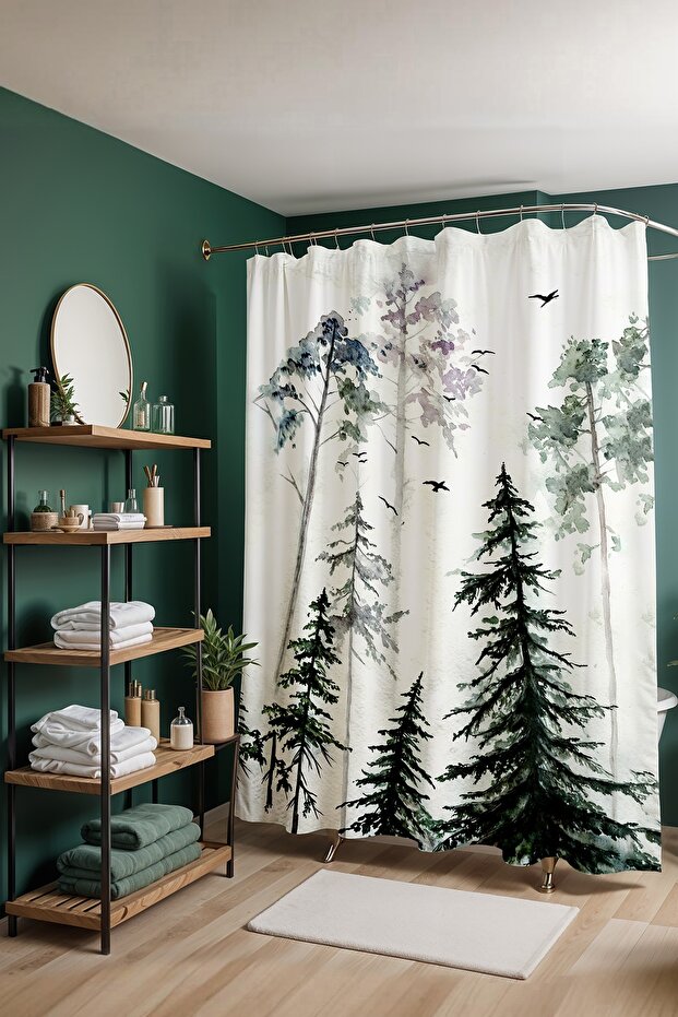 Bathroom Curtain, Flying Birds in the Peaceful Forest Patterned Shower Curtain, Bathtub Curtain 180X200Cm