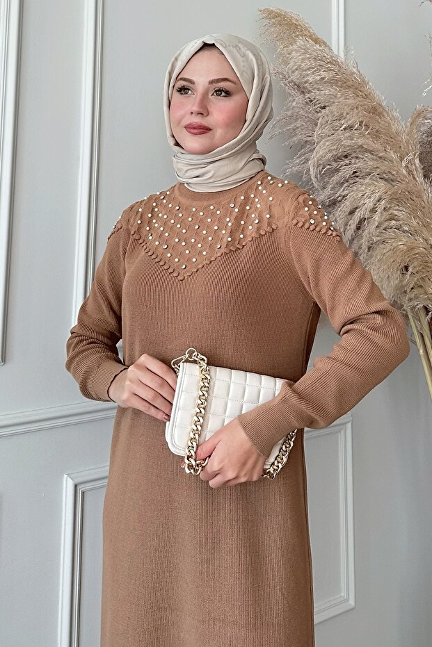 İncili Triko Elbise Camel - 3
