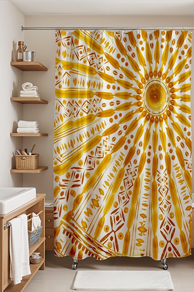 Bathroom Curtain, Ethnic Yellow Sun Pattern Shower Curtain, Bathtub Curtain 175X200Cm