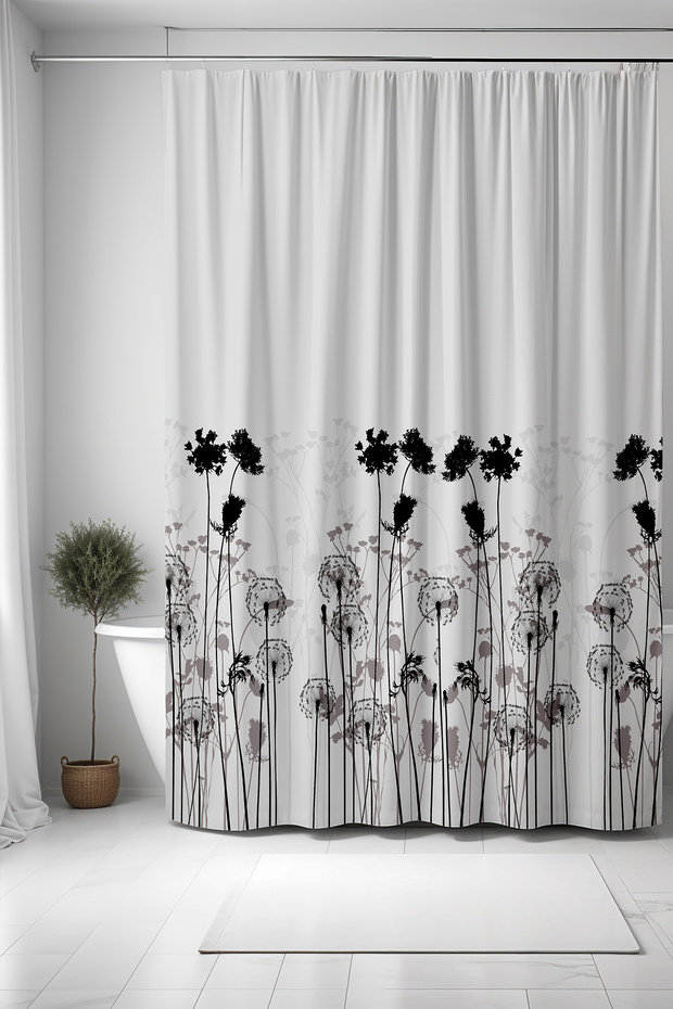 Black and White Patterned Bath Curtain - Karahinbağlar 175X200Cm