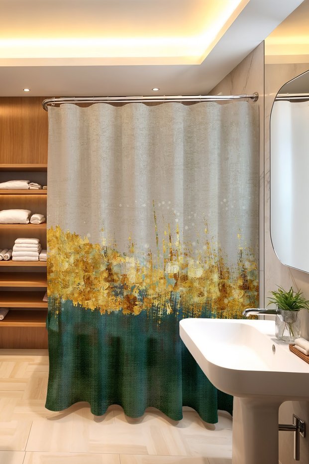 Bathroom Curtain, Cream Green Gold Resin Pattern Shower Curtain, Bathtub Curtain 175X200Cm