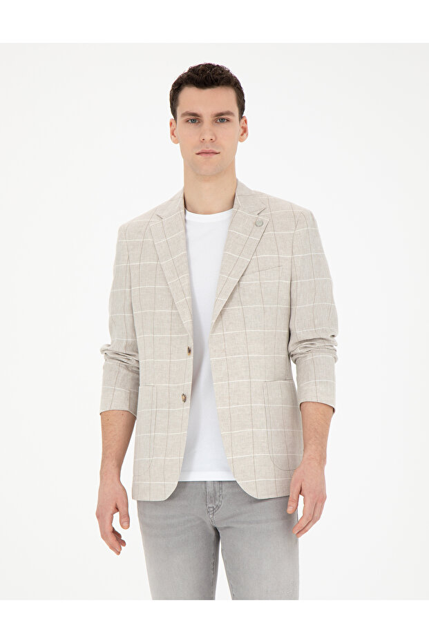 Beige Slim Fit Linen Plaid Jacket 50285197-Vr011