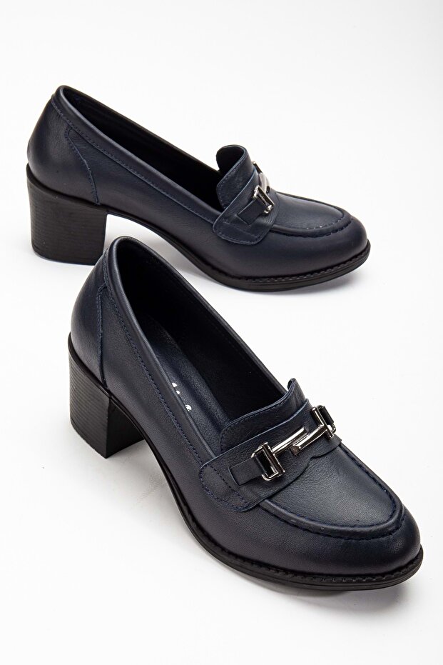 Women's Genuine Leather Buckle Classic Heeled Shoes Navy Blue