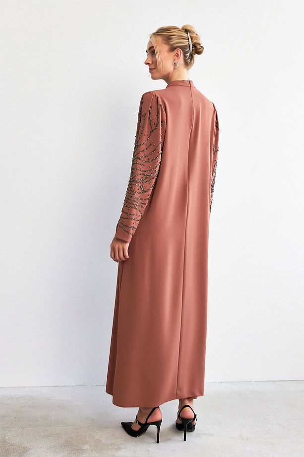 Velina Taş İşlemeli Abiye - Camel - 4