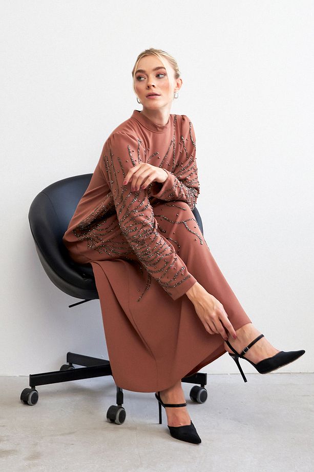Velina Taş İşlemeli Abiye - Camel - 2
