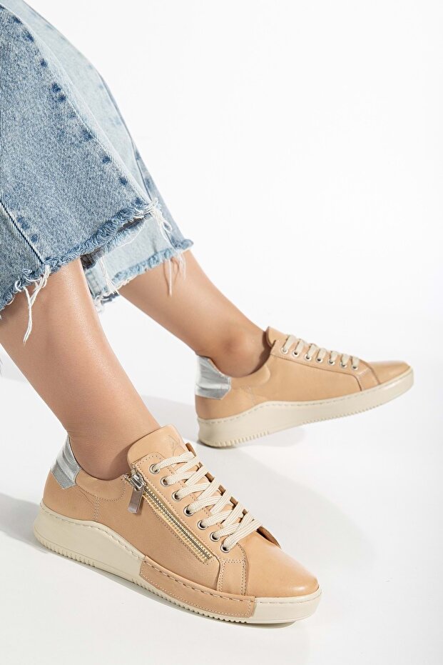 Women's Genuine Leather Zippered Sneakers Nude/Silver