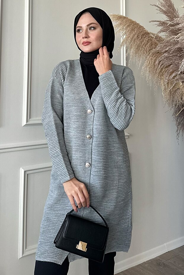 Basic Fitilli Gri Triko Hırka - 1