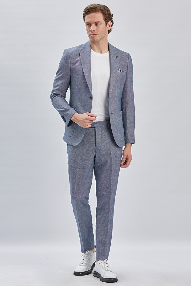 Men's Dark Navy Blue Swallow Collar Cotton Linen 6 Drop Slim Fit Classic Suit 1001240103