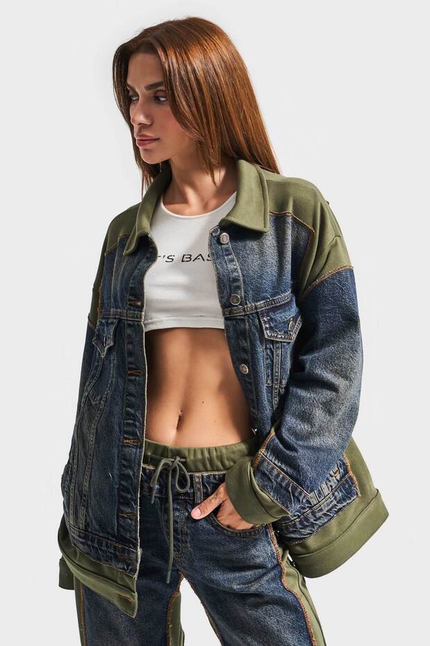 Kadın Kot Rengi 2w411 Denim Örme Kumaş Karışımı Overize Tasarım Ceket - 6
