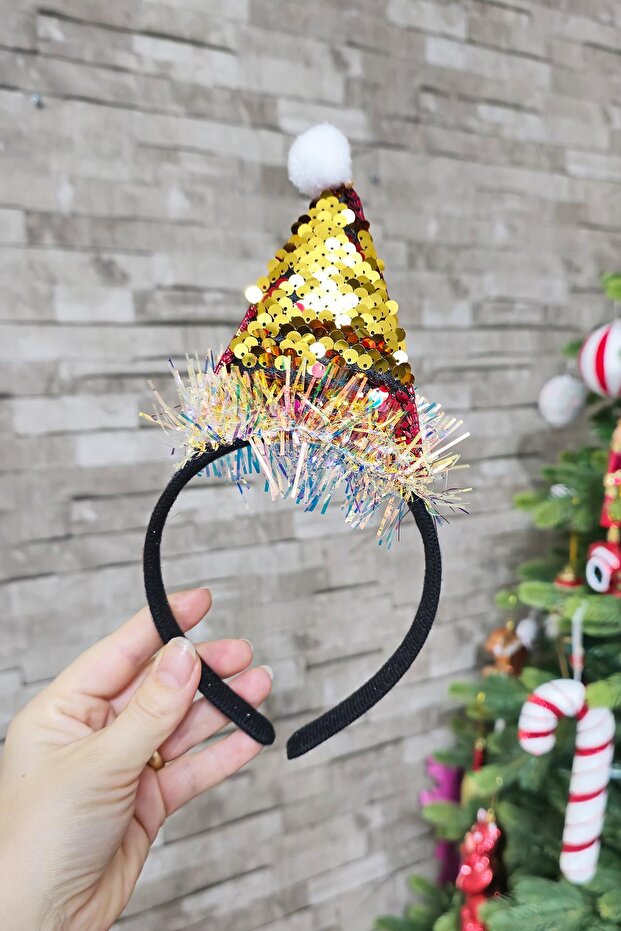 Shiny Cowl Christmas Hat - Gold Red Sequin