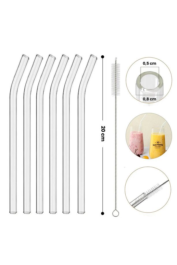 6 Adet Kalın Ve Büyük Boy Cam Pipet, Temizleme Fırçası Hediyeli Eğimli Şeffaf Cam Pipet Seti - 1