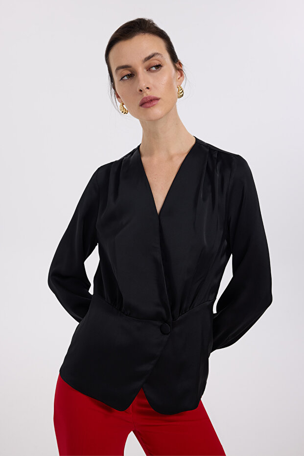 Minimalist V-Neck Long Sleeve Satin Women's Blouse