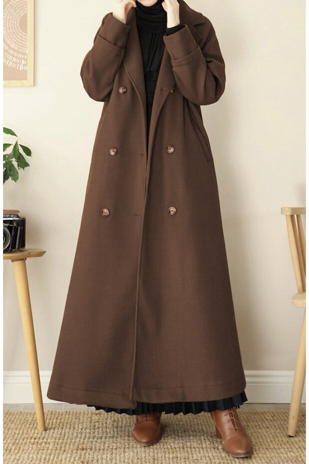 Full Length Double-Breasted Cashmere Coat - Brown