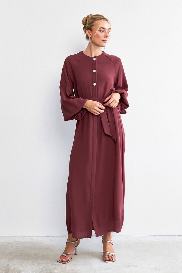 Balon Kol Düğmeli Abaya Elbise - Gül Kurusu - 3
