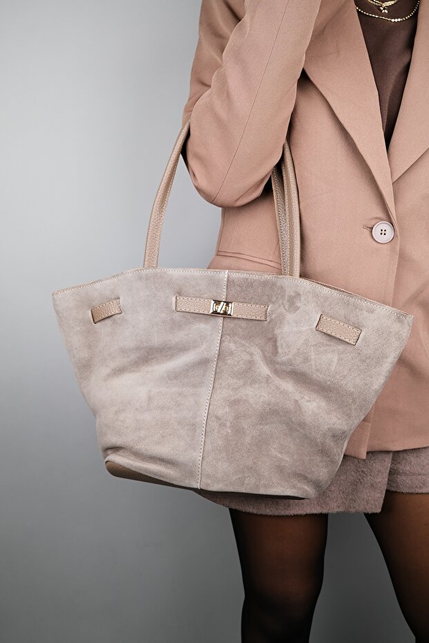 Dark Beige Genuine Suede Leather Women's Shoulder Bag