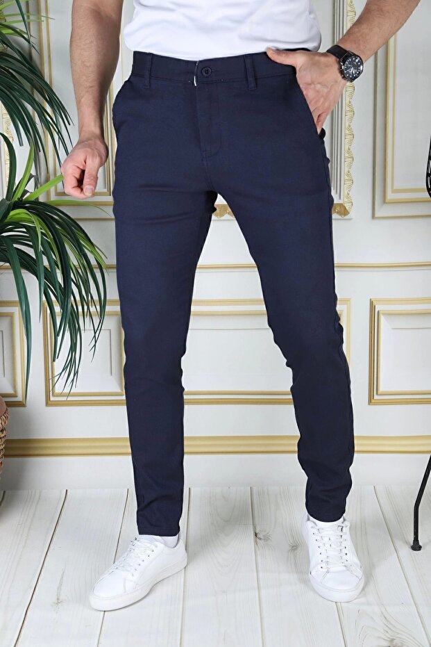 Men's Canvas Trousers Navy Blue Slim Fit Lycra Side Pockets Dobby Plaid Slim Fit Flexible Stylish Chino