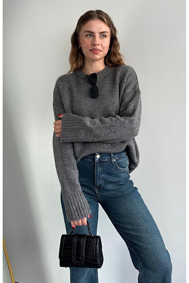 Bisiklet Yaka Oversize Kazak ANTRASİT - 3