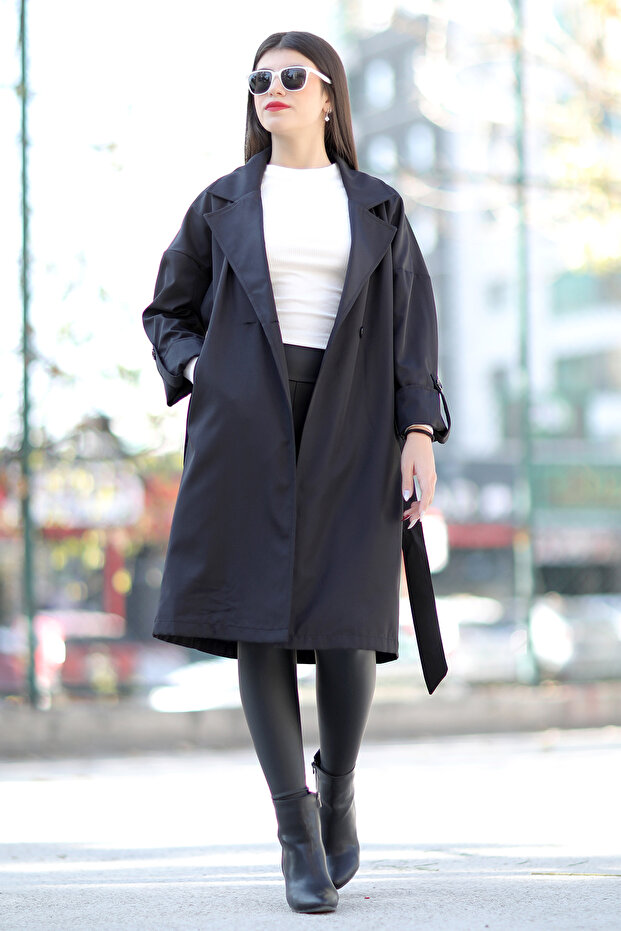 Women's Belted Trench Coat Black Capri Sleeve Lined Pocket Buttoned - 9104