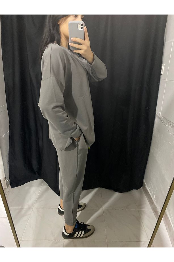 Neon Logolu Gri Modal Oversize Tunik Eşofman Takım(pamuklanma yapmaz) - 7