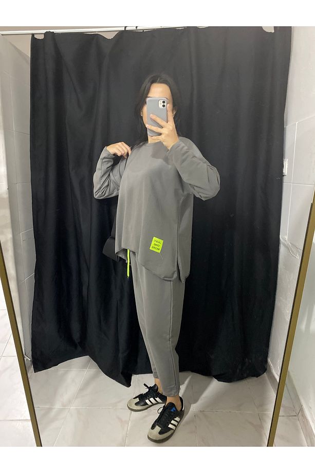 Neon Logolu Gri Modal Oversize Tunik Eşofman Takım(pamuklanma yapmaz) - 2