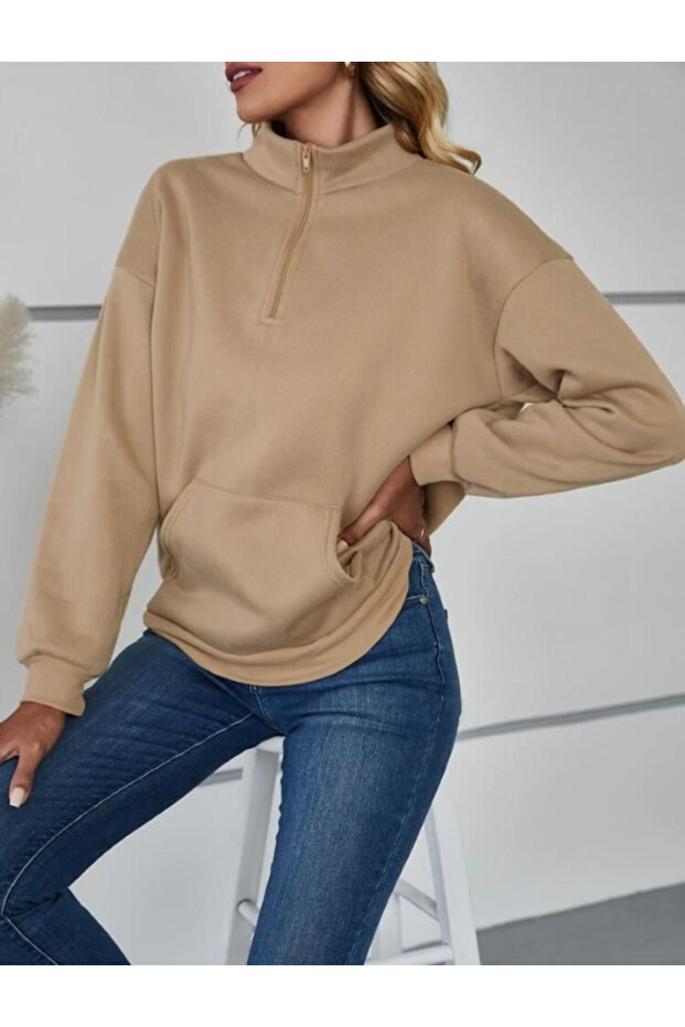 Beige Fleece Sweatshirt - Zipper Detail