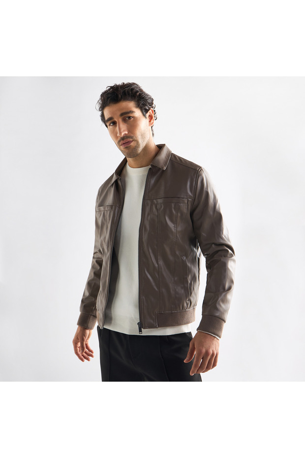 Solid Biker Jacket With Zip Closure And Pockets - 1